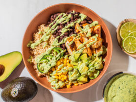 Chicken Avocado Burrito Bowls with Avocado Yogurt Cilantro Sauce